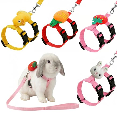 4 Sets Adjustable Bunny Rabbit Harness and Leash Set Small Pet Cute Vest Harness Leash with Decoration for Bunny Ferret Small Pets(Designs: Rabbit/Carrot/Duck/Strawberry)