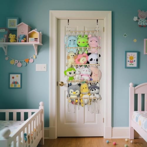 42cm Wide Over The Door Stuffed Animal Storage- 5-Tier Stuffed Animal Hammock For Toy Plush Hammock Hanging Net Big Girls Toddler Large Bag Animals Stuffy Behind - color: Beige