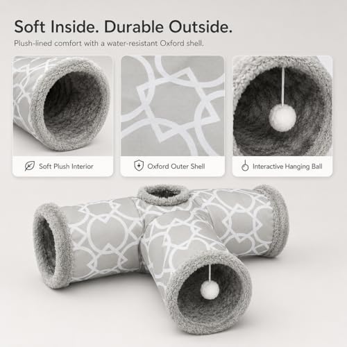 Plush Inside 3-Way Shape Small Animals Tube Tunnel with Interactive Ball for Guinea Pig, Hamster, Chinchilla, Hedgehog Hiding and Resting, Geometric Grey - size: L