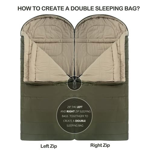 HiZYNICE Sleeping Bags for Adults XXL Cold Weather | 100% Cotton Flannel Winter Camping Large 90 x 39 in,Compression Sack Included - color: Green, size: 0F Right Zip