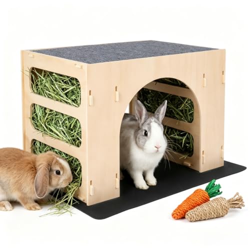 Wood Bunny House Hideout–15.7" Large Rabbit Hideout with Hay Feeders, Indoor Bunny House for Rabbits, Wooden Guinea Pig Hideout, Small Animal Habitat Decor with 2 Washable Pads