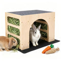 Wood Bunny House Hideout–15.7" Large Rabbit Hideout with Hay Feeders, Indoor Bunny House for Rabbits, Wooden Guinea Pig Hideout, Small Animal Habitat Decor with 2 Washable Pads