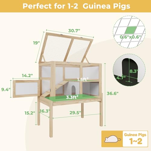 Timechee Guinea Pig Cages for 2, Small Animals Rabbit Cages with a Pull Out Tray, Large Wooden Indoor 2-Story Hamster House, Guinea Pig Hideout Habitat Playpen with Ramp, Platform, Natural