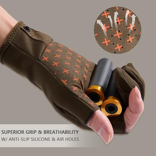 BASSDASH Unisex Fingerless Fleece Liner Camo Hunting Gloves for Cold Weather UPF 50+ Lightweight Fishing Photography HG06 - color: Brown, size: Medium