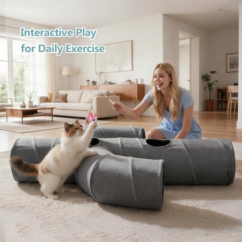 Ownpets Cactus Cat Tunnel 12" with Peek Holes for Indoor Large Cat, Grey | Durable Oxford fabric, noise-free, foldable & connectable, multi-cat friendly, tube for cats up to 20lb, includes ball & wand - size: 12 Inches in Diameter