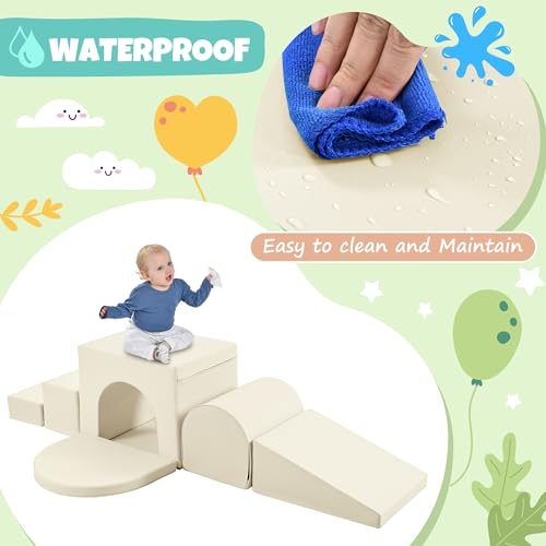 Merax Indoor Soft Foam Tunnel Climber, Toddler Climbing Toys with Tunnel | Soft Climb and Crawl Playset Baby Soft Foam Blocks with Steps and Ramp, 7-piece - color: Pastel Cream