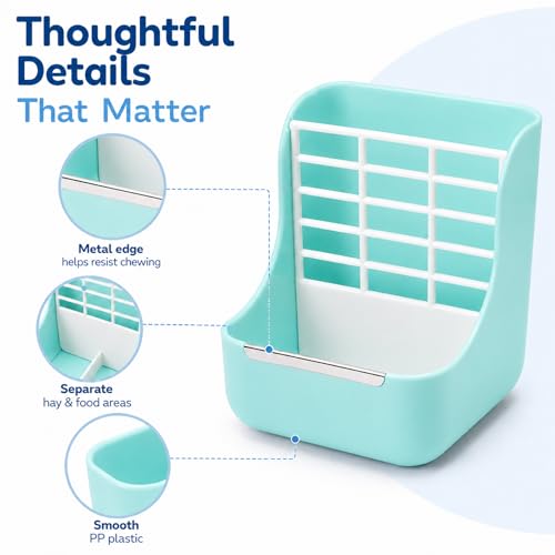 HERCOCCI Rabbit Hay Feeder and Water Bottle Set, 500ml Bunny Water Dispenser with Food Bowl, 2-in-1 Hay Rack Feeder for Guinea Pig, Chinchilla, Hedgehog, Small Animals - color: BLUE
