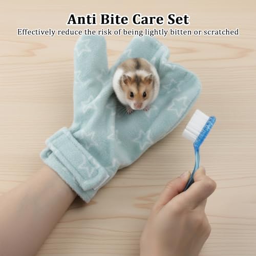 1Pcs Hamster Bite Proof Glove and Grooming Brush Set, Adjustable Hamster Glove, Lid Soft Cleansing Brush Massage Combs, Guinea Pig Brush, Hamster Care Set for Hamsters, Ferrets, Hedgehog (Green Stars) - color: Green Stars
