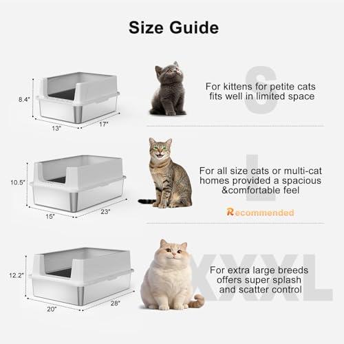 FURTIME Stainless Steel Cat Litter Box, Large Cats Metal Litter Box | High-Sided Open-Top Easy-Clean Litter Pan, Non-Stick, Anti-Leakage, Odor-Free, Comes with Scoop & Mat, 23"×15"×10.5" - color: Silver, size: Large