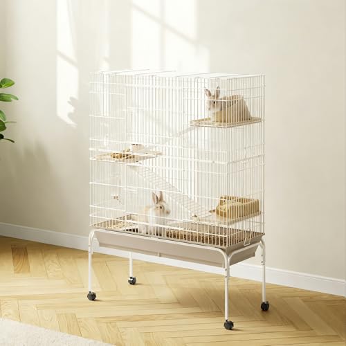 4-Tier Metal Small Animal Cage with Wheels – Multi-Level Habitat with Removable Ramps, Deep Tray, Water Bottle & Food Bowl – Secure Enclosure for Guinea Pigs, Rabbits, Ferrets, Chinchillas, Rats,