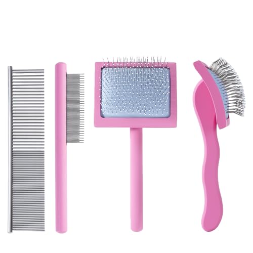 Pink Slicker Brush for Long Haired Dog Wooden Handle Coated Pins | Gently Grooming Slicker Brush, Ergonomic Wooden Handle, Long-Haired Dogs, Long Pins for Grooming Goldendoodles Poodles - color: Pink