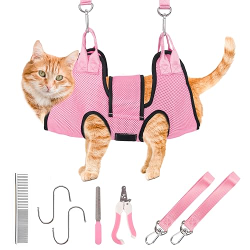 PatiencET Cat Grooming Hammock Kit | For Cats & Dogs up to 12 lb, Hanging Harness and Sling for Nail Trimming, Includes Clippers/Trimmer, File & Comb, Pink XS - color: Pink, size: XS (12 LB Max)