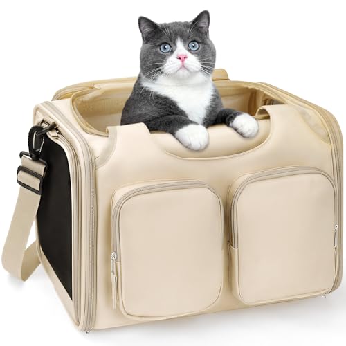 Dog, Cat Carrier for Pets Up to 12 Lbs, Airline Approved Collapsible Soft-Sided Pet Travel Bag with Locking Zippers, Breathable Mesh and 4 Large Pockets, Removable Fleece Pad (Beige) - color: Beige