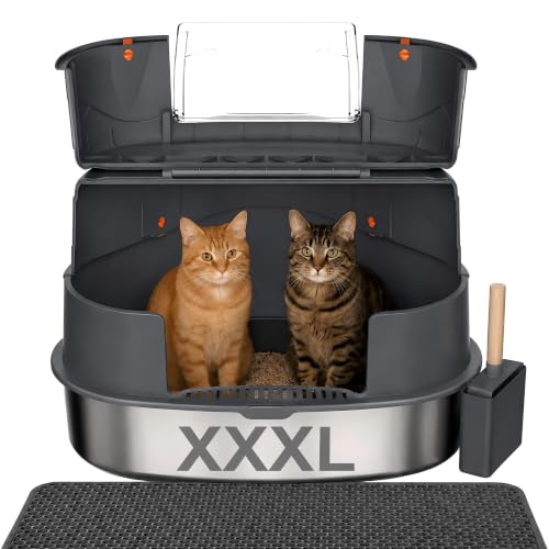 Gimars XXXL Stainless Steel Enclosed Corner Cat Litter Box with Lid, Triangle Design 27" x 20" x 17", High Sided Metal Enclosure for Large Cats, Space Saving Odor Control System