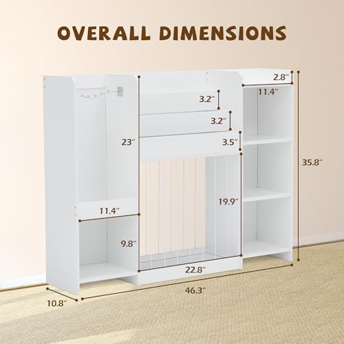 Kids Toy Storage Organizer with Bookshelf, Toy Shelf with 4 Open Cubbies, Clothing/Racket Hanging Hook Area & Stuffed Animal Cage, Large Wooden Organizer Storage Chest for Playroom Bedroom Nursery