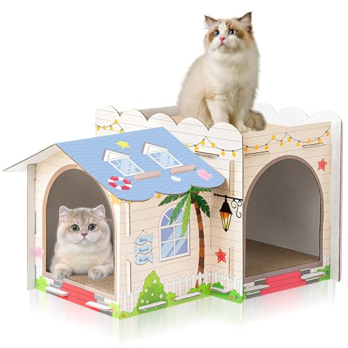 Lineshading 2 Story Cardboard Cat House with Scratcher Pad, Multi Level Durable Cat Scratcher House for Small Kitten Bunny Rabbit Animals Christmas Birthday Gift(17x12x10,Beach) - style: Beach