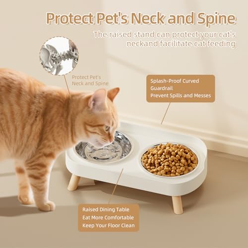 Elevated Cat Bowl, Raised Cat Food and Water Bowl Set for Indoor Cats, Splash Proof with 2 Stainless Steel Pet Food Bowls for Cats and Puppies, Whisker Fatigue and Dishwasher Safe - White - color: Cat Bowls-White