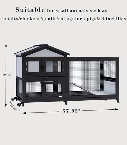 Rabbit Hutch 58" Rabbit Cage Outdoor&Indoor 2-Story Chicken Coop Guinea Pig Cage on Wheels Bunny Cage with 3 Deep No Leakage Pull Out Tray,Waterproof Roof (Black) - size: 58 inch