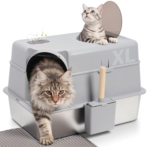 Stainless Steel Litter Box with Lid,XL Large Enclosed Cat Litter Box | Front & Top Entry Metal Litterbox, Odor Control,Anti-Leakage, Non-Sticky, Includes Mat&Scoop,23.8 x 15.8 x 15.8 inches - color: Enclosed