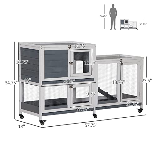 PawHut Wooden Rabbit Hutch Bunny Hutch Elevated Pet House Cage Small Animal Habitat with No Leak Tray Lockable Door Openable Top for Indoor 57.75" x 18" x 32.5" Grey | Elevated Pet House Cage, Small Animal Habitat, No Leak Tray, Lockable Door, Openable To