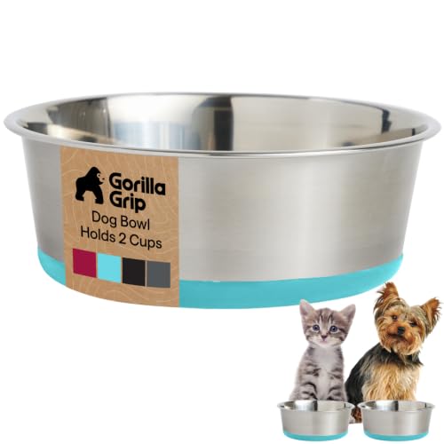 GORILLA GRIP Dog Bowl, Holds 2 Cups (16 fl oz), Food Grade 304 Stainless Steel Food and Water Bowl for Feeding Dogs and Cats, BPA Free Rubber Base, Easy Clean, Dishwasher Safe Rust Resistant Turquoise - color: Turquoise, size: 2 Cup (16 Oz)