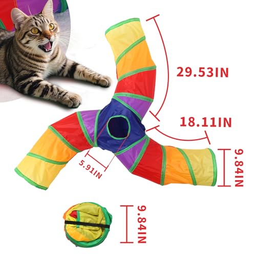 Pet Cat Tunnel, 3 Way Tunnels for Indoor Cats, Collapsible Pet Tunnel for Kitten, Puppy, Rabbit, 25cm-Wide Tunnels, Durable & Breathable, with Peek Hole Toy Ball - color: Angled 3-way Junction Tunnel & Rainbow