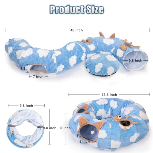 Cat Tunnel Bed, Tunnels for Indoor Cats with Washable Circle Cushion, Multifunctional Peekaboo Cave Donut Tubes Tunnel for Cat Kitty Kitten Puppy Rabbit Ferret (Sky Blue)