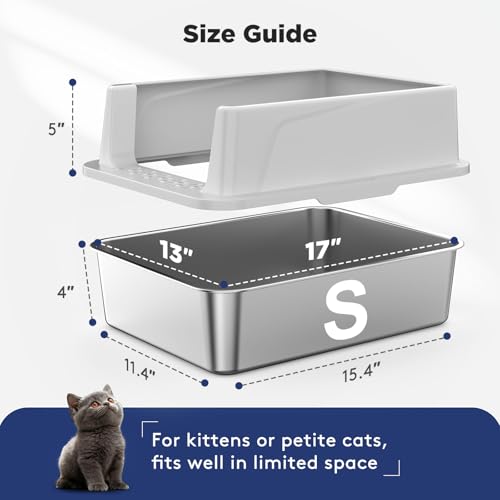 FURTIME 2 Pack Stainless Steel Cat Litter Box with Lid, Metal Kitty Litter Box for Small Cats, Kitten Litter Boxs with Non-Sticky, Anti-Leakage, Easy to Clean, 17"x13"x8.4" (Small) - color: Silver