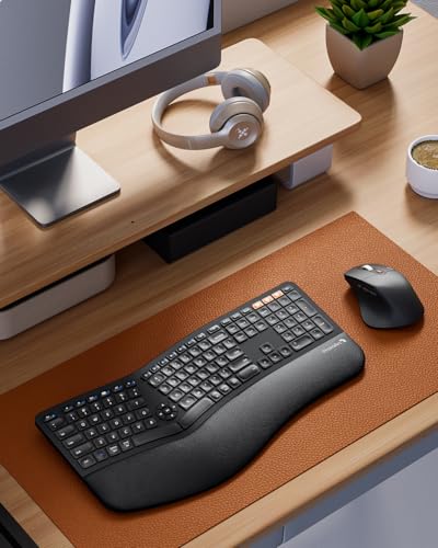 ProtoArc EKM01 Plus Wireless Ergonomic Keyboard Mouse Combo - Black | Full-size Split Keyboard with Cushioned Wrist Rest, Ergonomic Mouse, 3-Device Bluetooth/2.4G, USB-C Rechargeable - color: Black