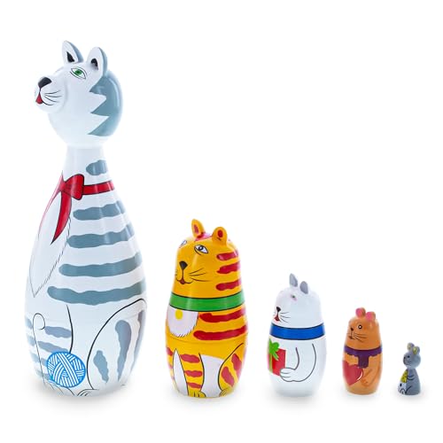 BestPysanky Four Cats and Mouse Wooden Nesting Dolls 7 Inches