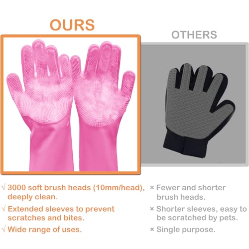 Silicone Pet Grooming Gloves Dog Washing Gloves for Bathing Massaging | 3,000 Soft Bristles, Non-slip & Extended Sleeves, Heat Resistant & Dishwasher Safe, For Cats and Dogs, Home/Car Cleaning - color: Pink