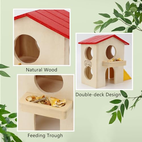 Hypeety Wooden Hamster Villa House & Maze Hideout Cage - Exercise Toys for Dwarf Hamsters, Gerbils, and Small Pets Natural Wooden Habitat with Climbing Accessories (Villa House) - color: Red