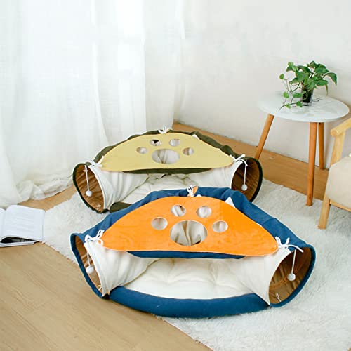 LEFTSTARER 2-in-1 Collapsible Cat Tunnel for Indoor Bed and Hideout - Pet Dog Rabbit Bunny Ferret Tunnel Tubes Toys with Removable Washable Mat, Tower Wheel Stuff - color: 4.Cat Paw Print Blue