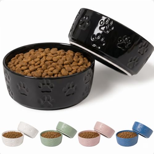 Ceramic Dog Bowl Set of 2 with Anti-Skid Base, 5.5"W x 2"H, 2 Cup Capacity | Thick Ceramic, Dishwasher Safe, Anti-Skid Rubber Base, 2 Cups per Bowl, Ceramic Food and Water Bowls Set of 2 for Small Dogs - color: Black, size: Small