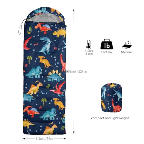 QOOMO Camping Sleeping Bags,3 Season Warm & Cool Weather,Lightweight,Waterproof Sleeping Bags for Adults & Kids,Traveling,and Outdoors,Camping Gear Equipment - color: navy blue dinosaur