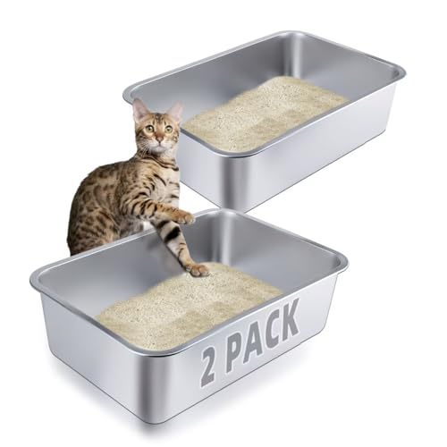 Stainless Steel Cat Litter Box - Large Metal High-Sided Pan for Cats, Pets, Non-Stick, Odor-Free, Easy to Clean, Splash-Proof, Durable ((2 Pack) 17.7" L x 13.8" W x 6" H) - size: 17.7" L x 13.8" W x 6" H (2 Pack)