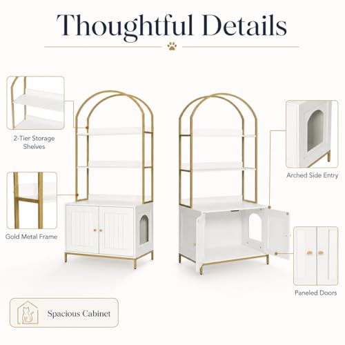 Homhedy Cat Litter Box Enclosure with 2-Tier Shelves, White and Gold | Litter Box Furniture Hidden, Indoor Cat House, Wooden Cat Washroom Furniture with Metal Frame, Modern Style - color: White and Gold