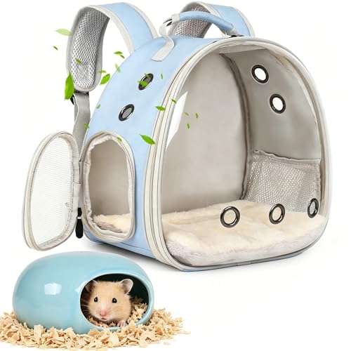 2-Pack Small Animal Backpack Carrier & Ceramic Hamster Hideout for Cooling Summer, Hamster House and Habitat Cool Bed for Other Similar-Size Small Pet Gerbil Rat Chinchilla - color: Blue