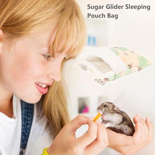 Sugar Glider Sleeping Pouch Hanging Bed for Small Pets, Green | Soft flannel warm & cozy, pouch snuggle design, metal hooks for easy hang, portable, fits hamsters/rats/hedgehogs/squirrels - color: Green