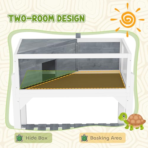 PawHut Tortoise Habitat with Storage Shelf, Wooden Tortoise Enclosure with Clear Windows, Lamp Holder, Openable Top, Built-in Tray, Reptile Cage for Indoor Outdoor Use, Gray | Wooden Tortoise Enclosure, Openable Top, Built-in Tray, Reptile Cage for Indoor