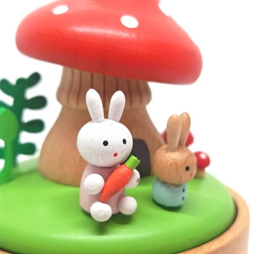 Mushroom House Mini Music Box, Palm Sized Rabbit Mushroom Wooden Mechanical Musical Box, for Mother Friend Grandmother