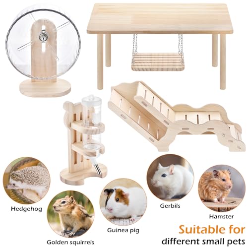 4-piece Hamster Toy Set with Wooden Hamster cage Accessories Platform Table Swing Climbing Ladder Running Wheel Water Bottle Suitable for Small Pets Such as Golden Bear Dwarf Hamster Sand Rat Rat etc