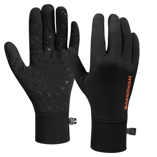 BASSDASH Unisex Fleece Liner Lightweight Camo Hunting Gloves HG07 | Stretch Fleeced Warm Anti-Slip Gloves with Touchscreen for Men Women Cool Weather Shooting Photography Fishing - color: Black, size: Large