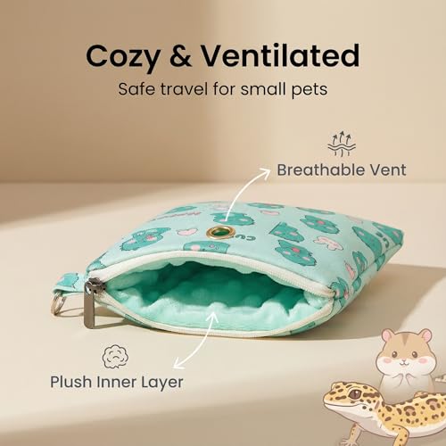 Small Pet Carrier Bag with Soft Minky Dot Lining, Breathable & Waterproof Travel Pouch for Leopard Geckos, Hamsters, Small Reptiles and Small Animals – All-Season Use - color: Green