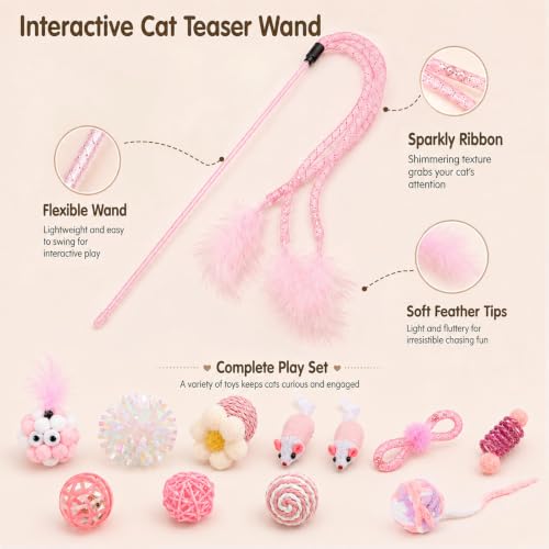 12-Pcs Interactive Cat Toys, Feather Wand, Springs & Catnip Balls | Curated variety pack, diverse mice, crinkle textures, healthy teething chew relief, indoor kitten boredom enrichment