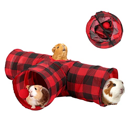 YUEPET Guinea Pig Tunnel, Guinea Pig Toys, 3-Way Play Tubes, Red Plaid | Guinea Pig Play Tubes, Collapsible Design, Hanging Play Ball, Peekaboo Opening, 5.9 in Entrance, Red & Black Plaid - color: Plaid