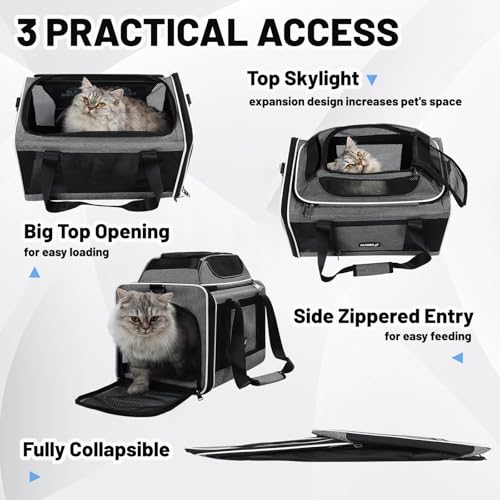 Cat Carrier Top-Expandable 18x11x11, United Delta American Airline Approved | Soft-Sided Small Dog Pet Carry Bag Under-Seat in Cabin, Puppy Airplane Travel Crate TSA Plane Under 10 lbs, Kitten Cage Grey - color: Grey