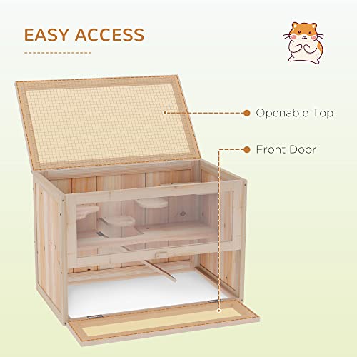 PawHut 2-Level Hamster Cage, Mouse Cage for Chinchillas, Natural | Mice and Rat House, Small Animal Habitat, Front Door, Shelf, Ladder, Openable Top - color: Natural Wood