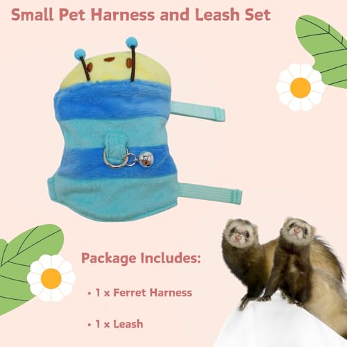 Ferret Harness and Leash Set - Small Animal Soft Fleece Vest with Safe Bell Halloween Outfit Adjustable Traction Rope Outdoor Walking Training Leash for Ferret Rat Bearded Dragon Kitten (Blue) - color: Blue