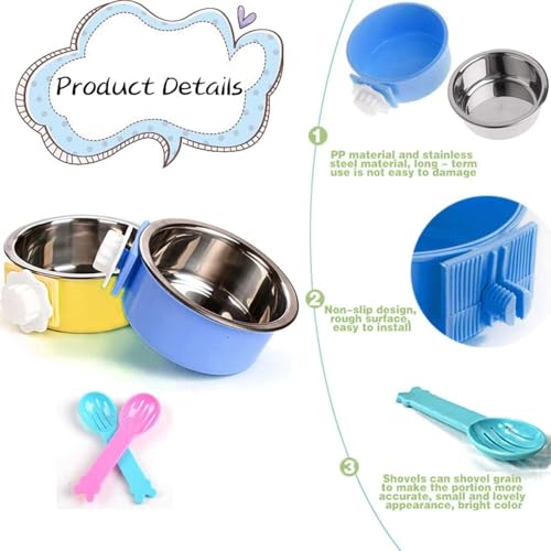 Hamiledyi 2-Pack Hanging Dog Bowls with Removable Stainless Steel Feeder - Spill-Proof Crate Bowls for Kennel/Cage, Puppy to Medium Dogs, Cats, Rabbits & Guinea Pigs (Durable Pet Food & Water Dishes) - color: B：Dark blue + Yellow